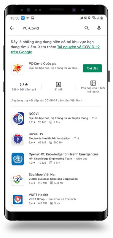 Tìm kiếm PC-Covid trên cửa hàng CH Play