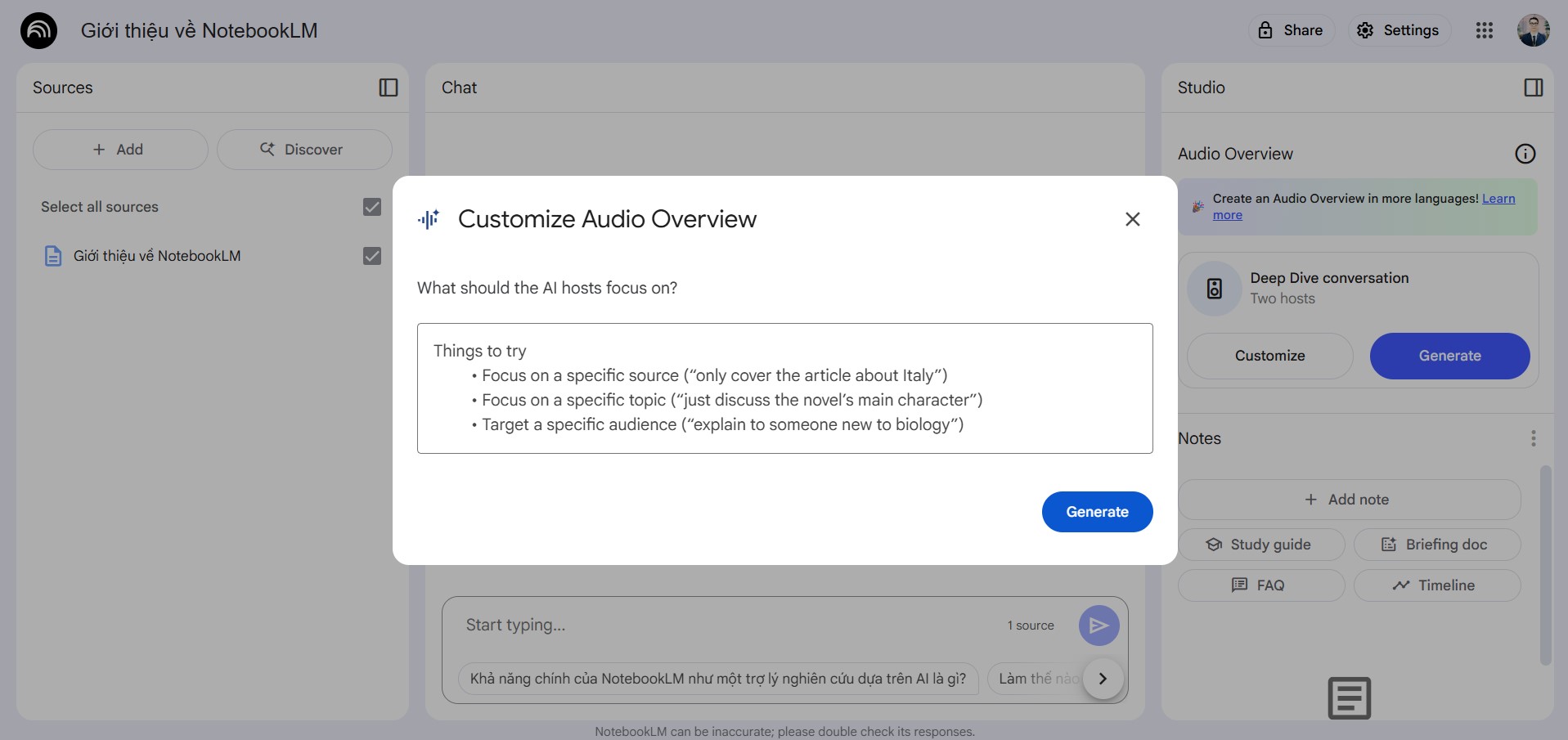 Tùy chỉnh Audio Overview Tùy chỉnh Audio Overview